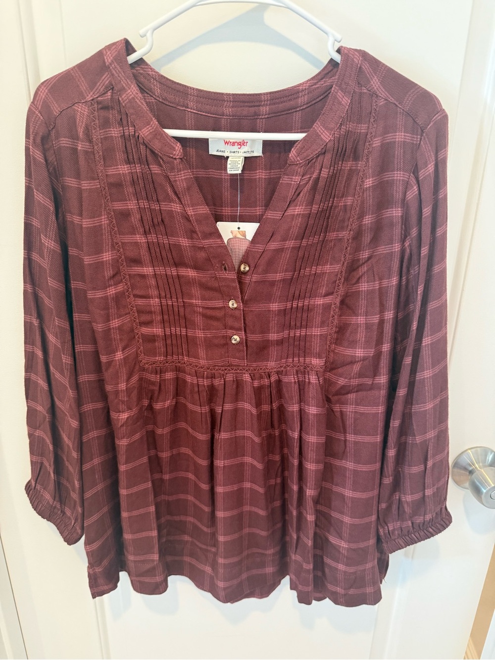 Wrangler Women's Burgundy Plaid Button-Up Peasant Tunic